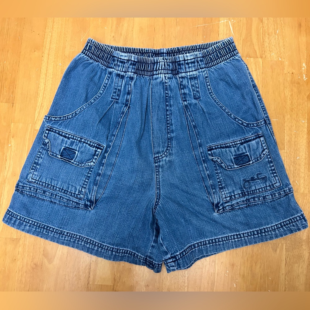 Vintage 100% Cotton Jonathan Logan blue denim shorts elastic waist cargo pockets